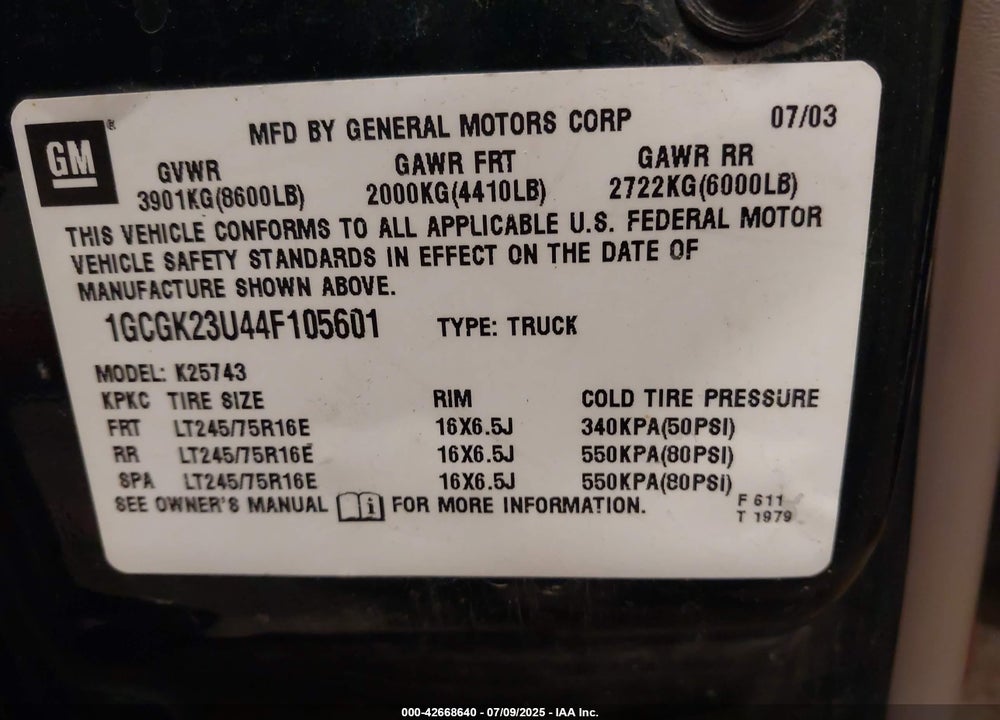 2004 CHEVROLET SILVERADO 2500 LT VIN: 1GCGK23U44F105601
