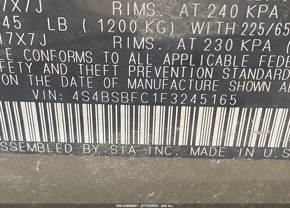 2015 SUBARU OUTBACK VIN: 4S4BSBFC1F3245165