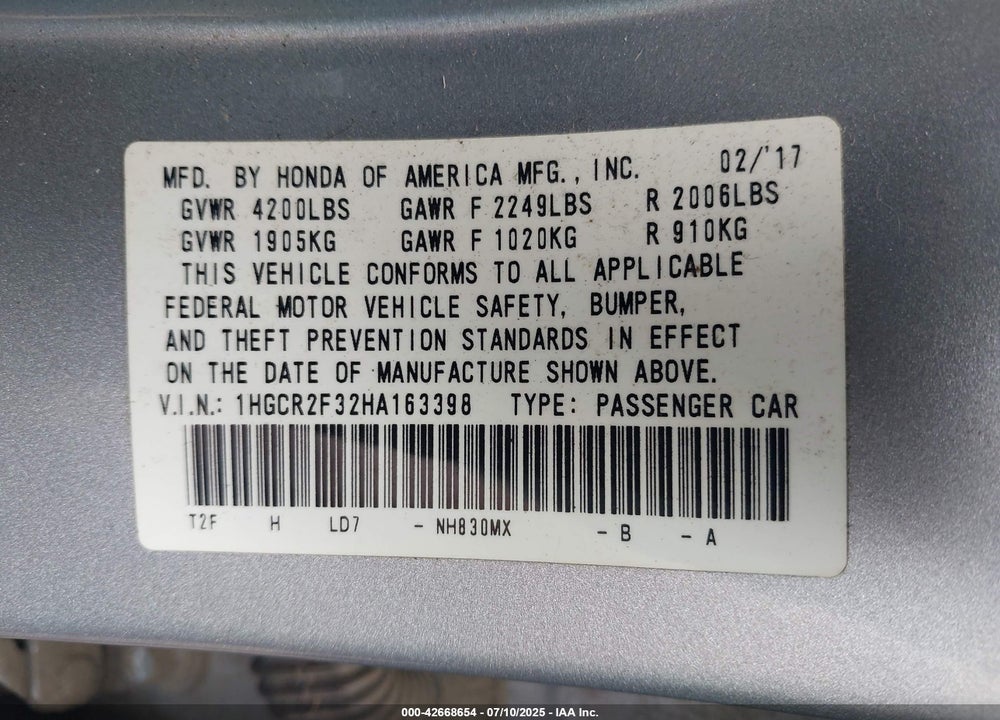 2017 HONDA ACCORD VIN: 1HGCR2F32HA163398