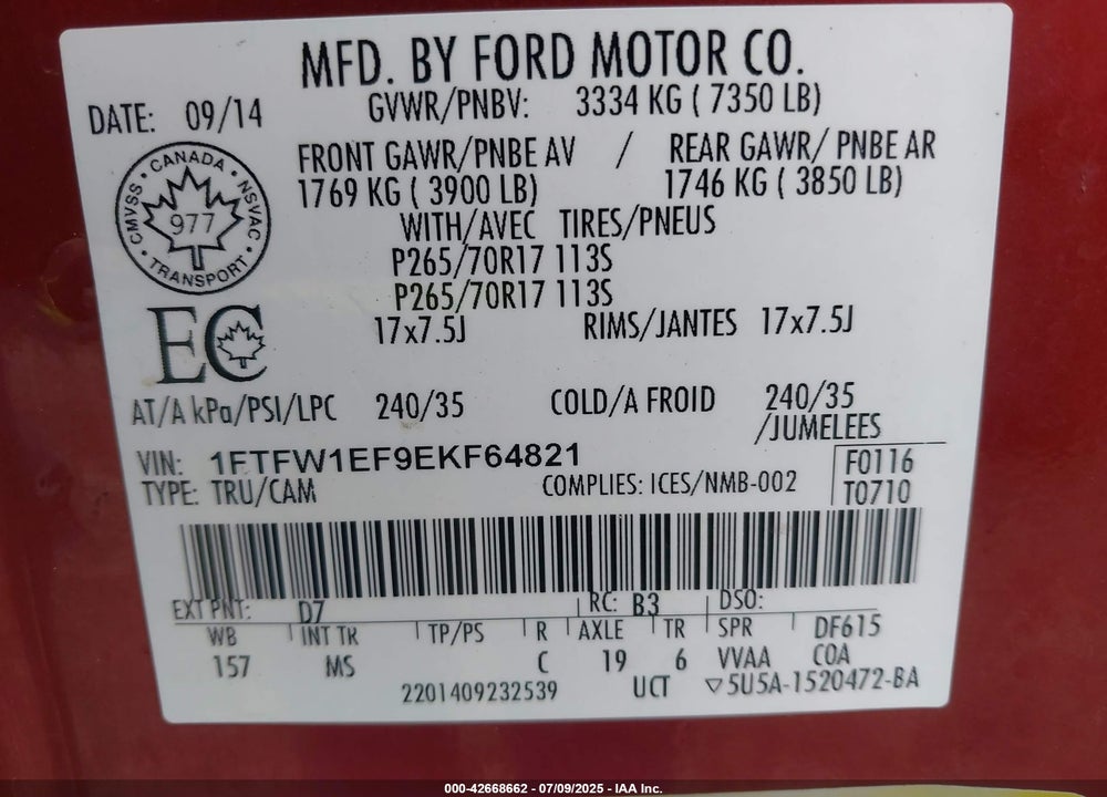2014 FORD F-150 XLT VIN: 1FTFW1EF9EKF64821