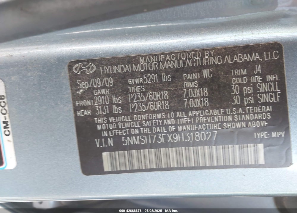 2009 HYUNDAI SANTA FE VIN: 5NMSH73EX9H318027
