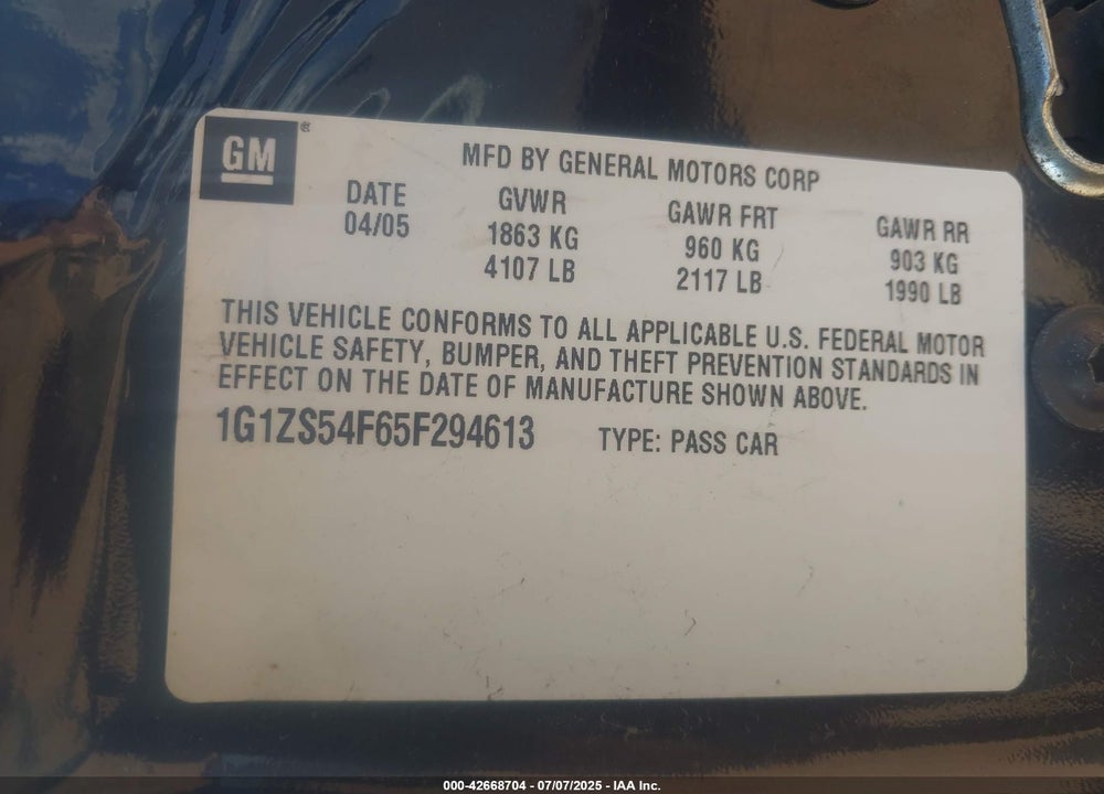 2005 CHEVROLET MALIBU VIN: 1G1ZS54F65F294613