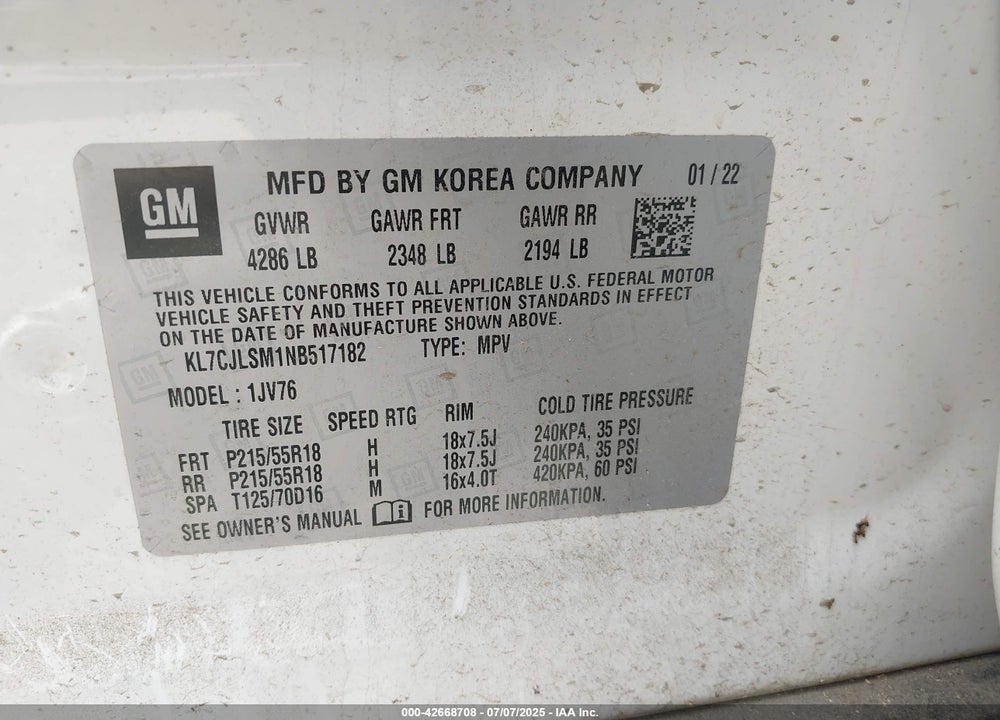 2022 CHEVROLET TRAX FWD LT VIN: KL7CJLSM1NB517182