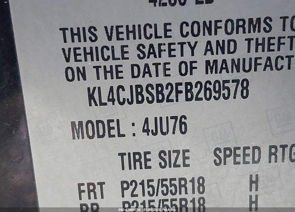 2015 BUICK ENCORE VIN: KL4CJBSB2FB269578