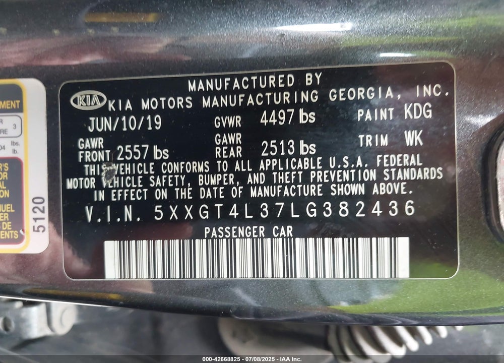 2020 KIA OPTIMA LX VIN: 5XXGT4L37LG382436