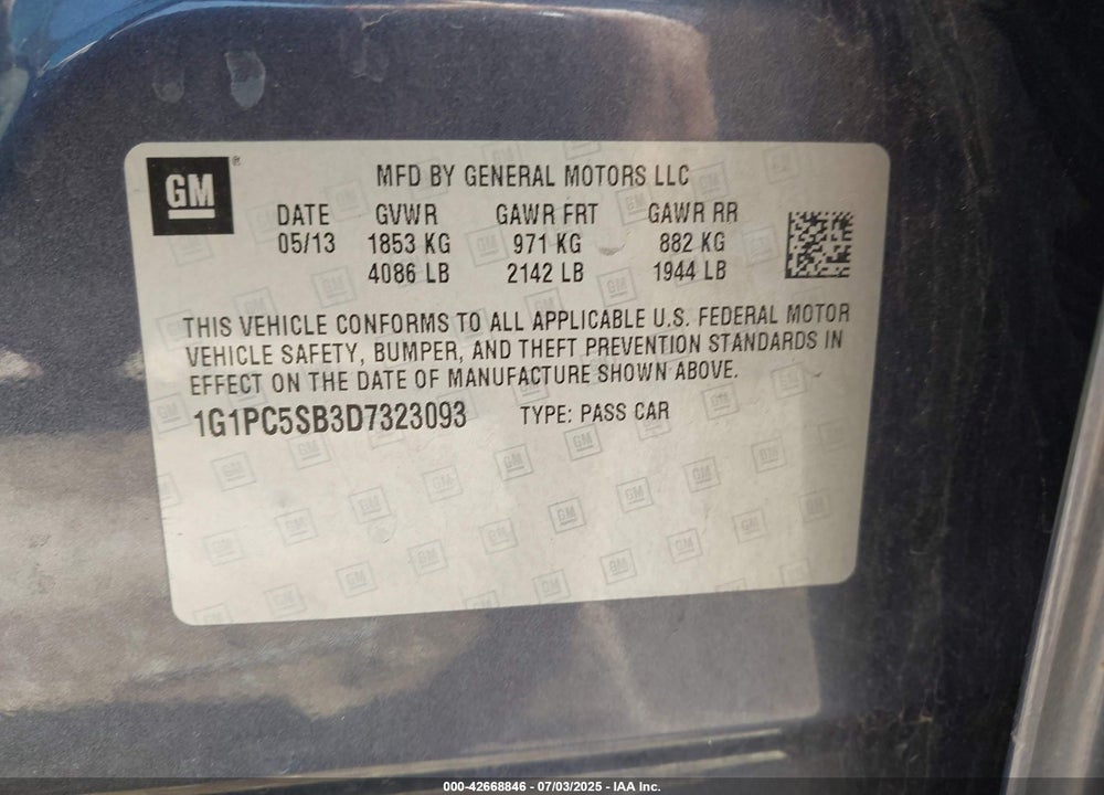 2013 CHEVROLET CRUZE VIN: 1G1PC5SB3D7323093