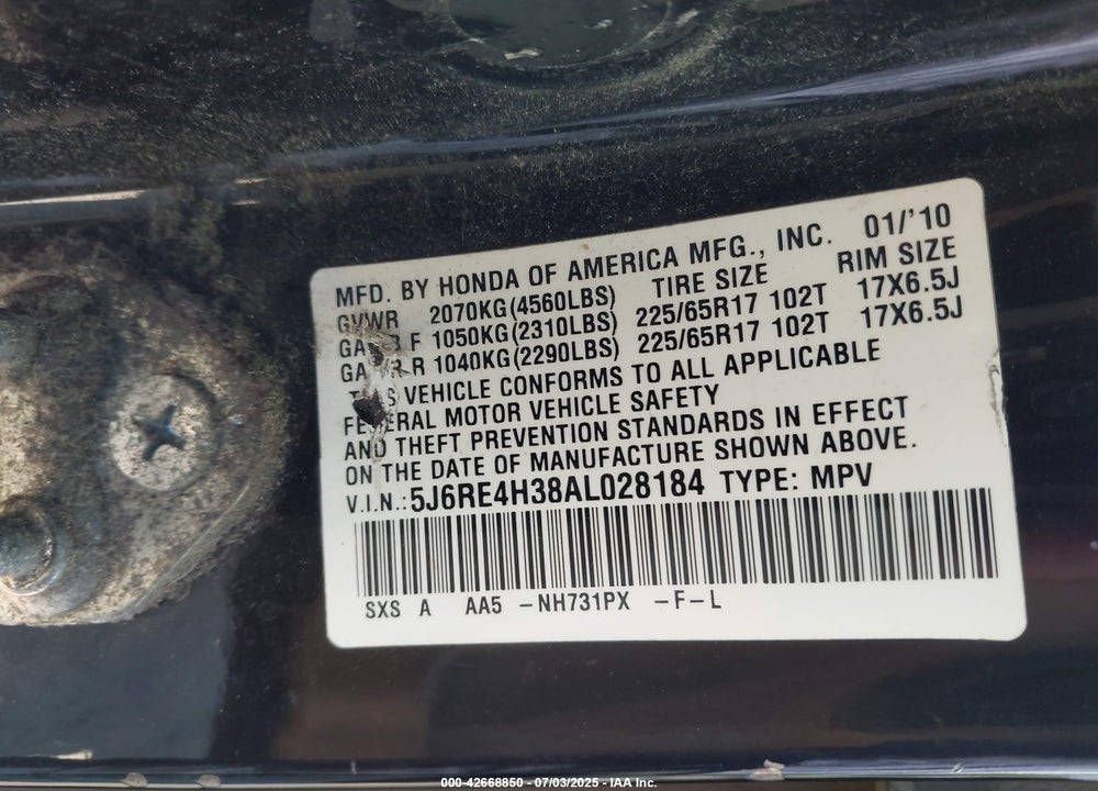 2010 HONDA CR-V VIN: 5J6RE4H38AL028184