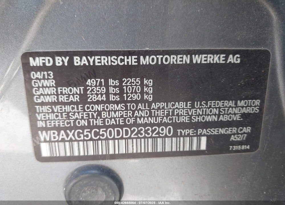 2013 BMW 528I VIN: WBAXG5C50DD233290