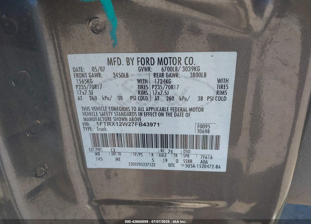 2007 FORD F-150 VIN: 1FTRX12W27FB43971