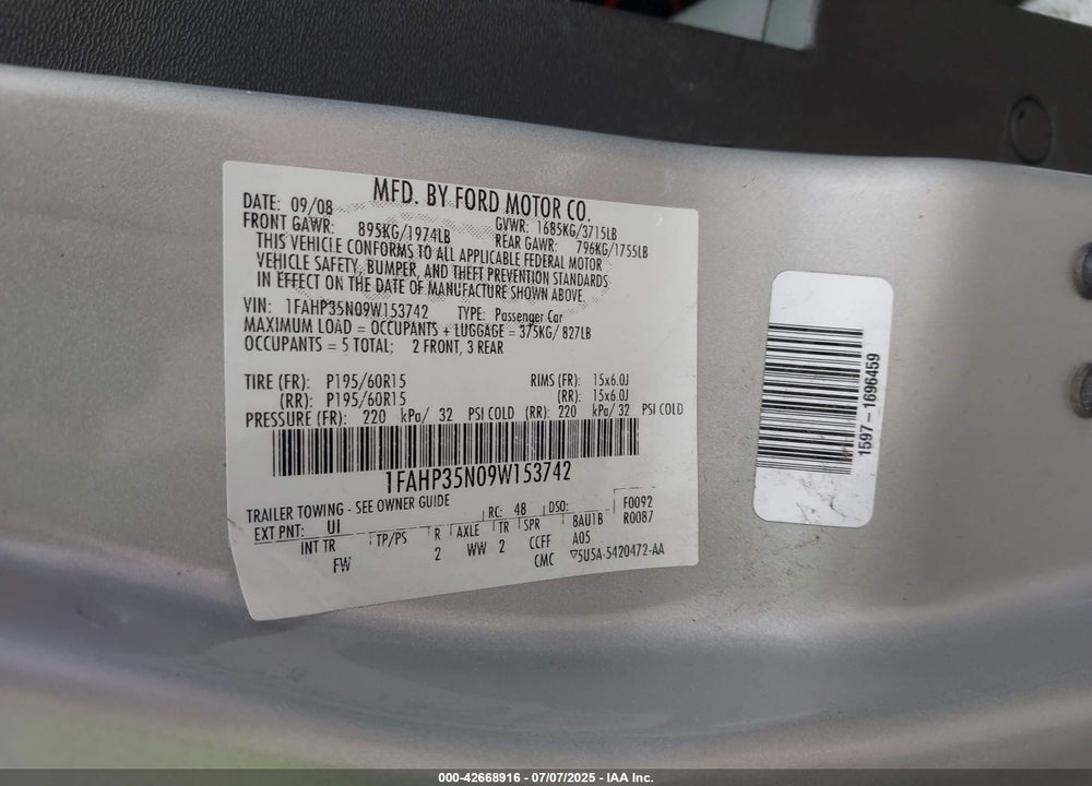 2009 FORD FOCUS SE VIN: 1FAHP35N09W153742