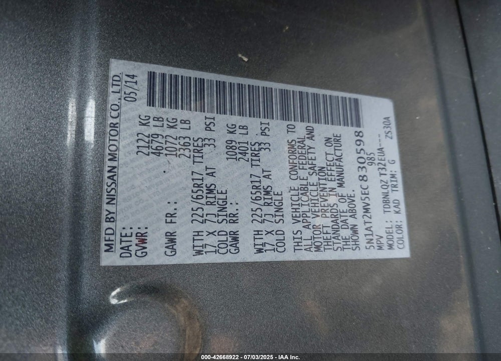 2014 NISSAN ROGUE VIN: 5N1AT2MV5EC830598