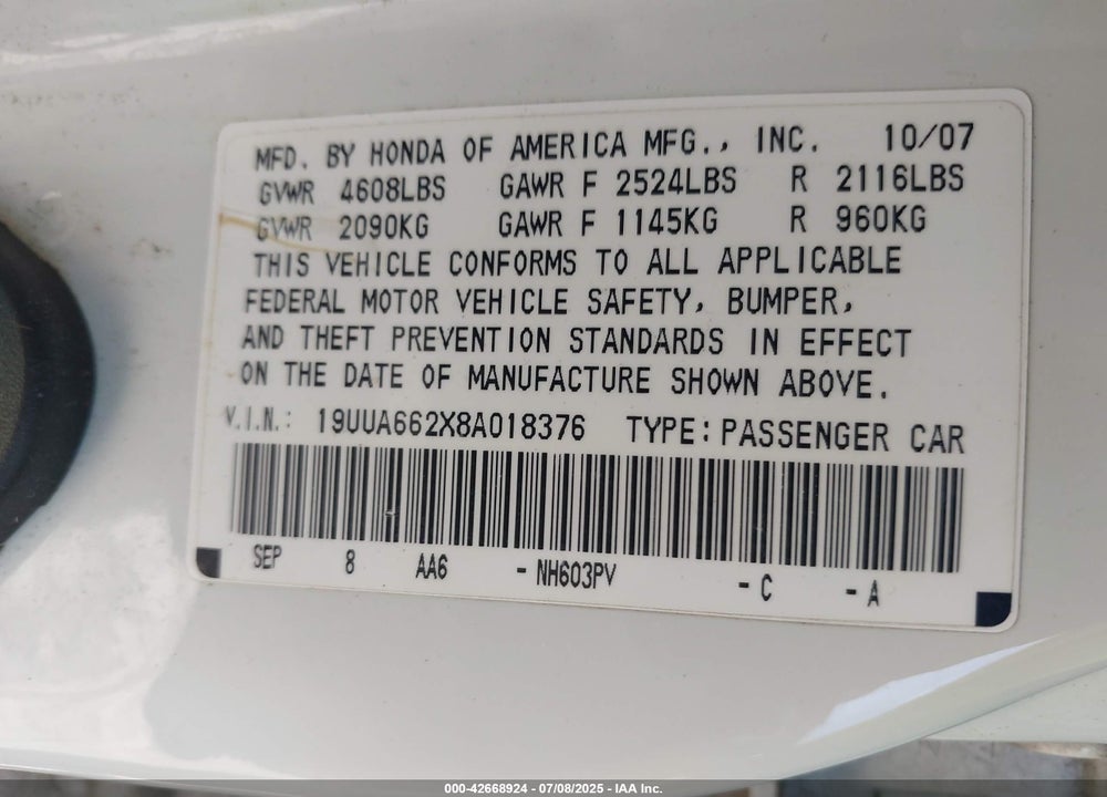 2008 ACURA TL 3.2 VIN: 19UUA662X8A018376