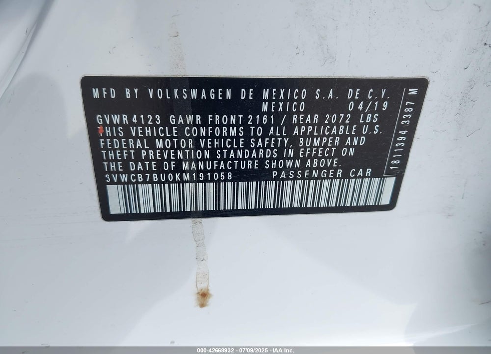 2019 VOLKSWAGEN JETTA VIN: 3VWCB7BU0KM191058
