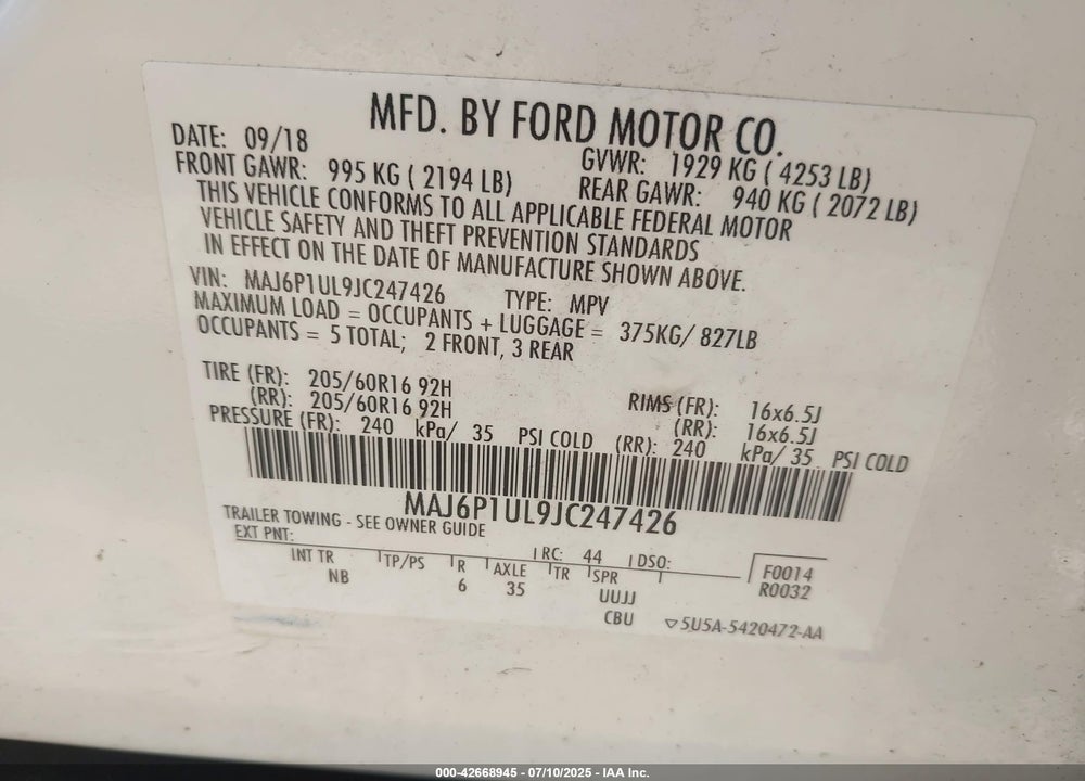 2018 FORD ECOSPORT SE VIN: MAJ6P1UL9JC247426