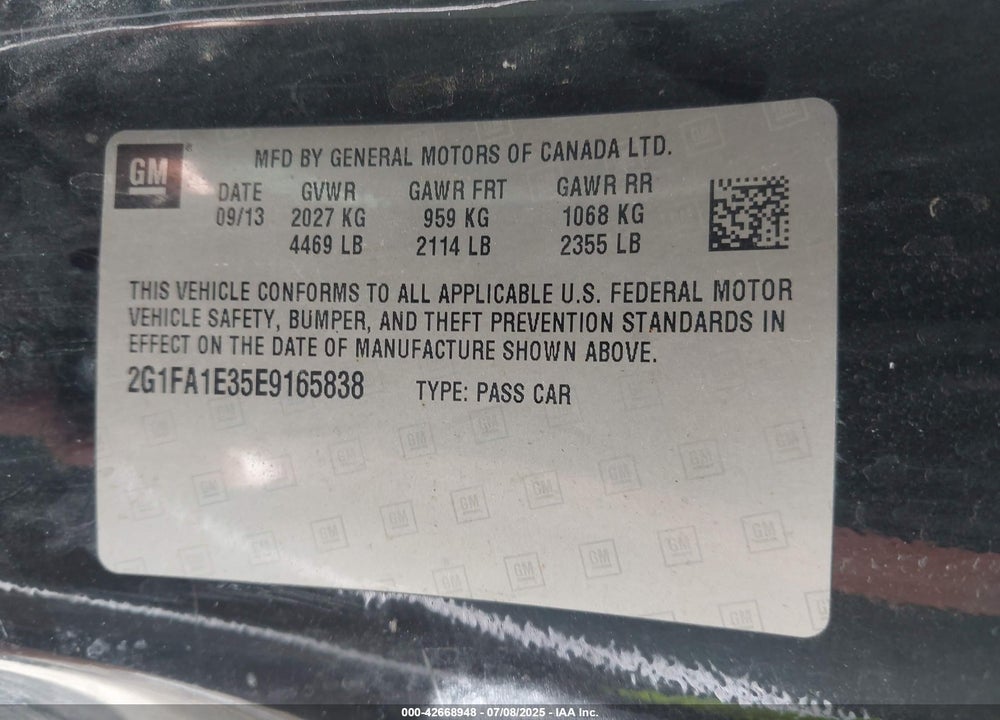 2014 CHEVROLET CAMARO VIN: 2G1FA1E35E9165838