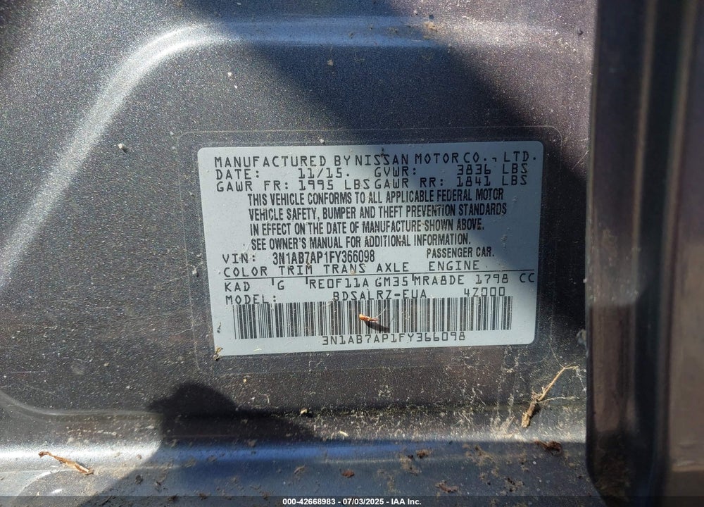 2015 NISSAN SENTRA VIN: 3N1AB7AP1FY366098