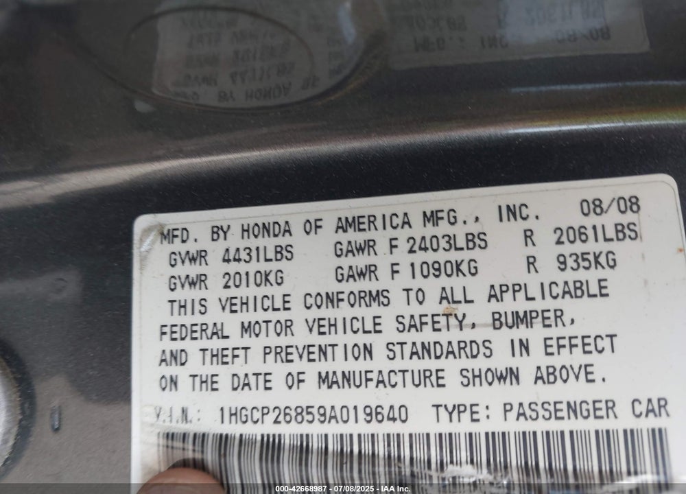 2009 HONDA ACCORD VIN: 1HGCP26859A019640
