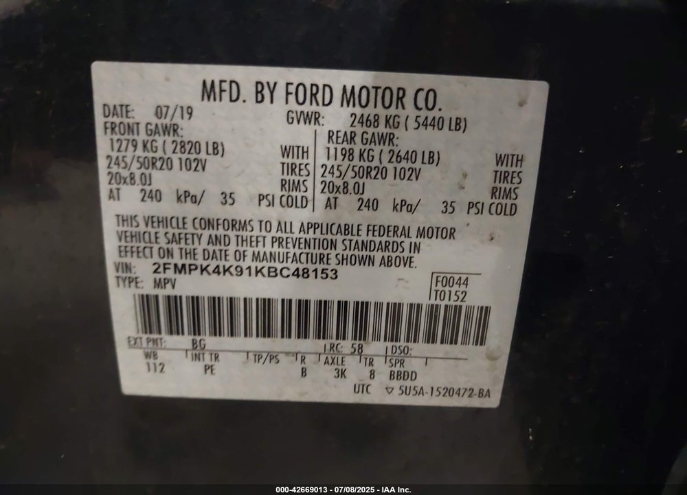 2019 FORD EDGE VIN: 2FMPK4K91KBC48153