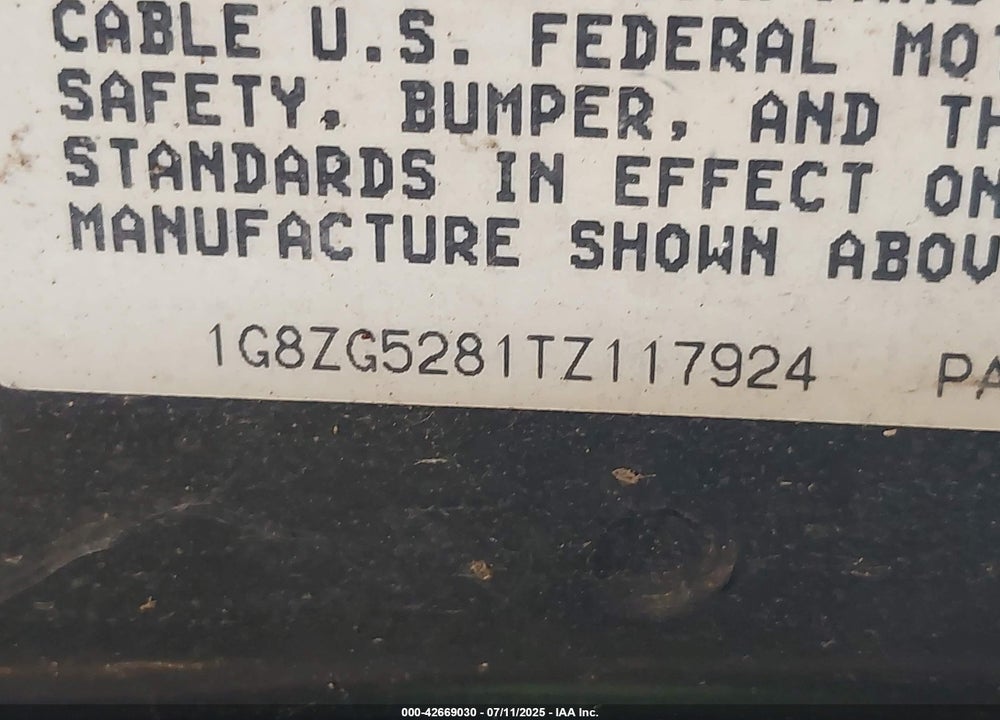 1996 SATURN SL1 VIN: 1G8ZG5281TZ117924