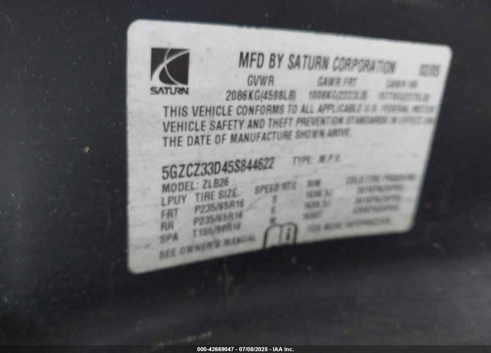 2005 SATURN VUE 4 CYL VIN: 5GZCZ33D45S844622