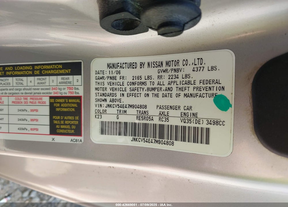 2007 INFINITI G35 VIN: JNKCV54E47M904808
