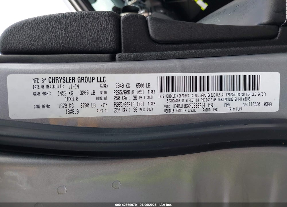 2015 JEEP GRAND CHEROKEE VIN: 1C4RJFBGXFC692714