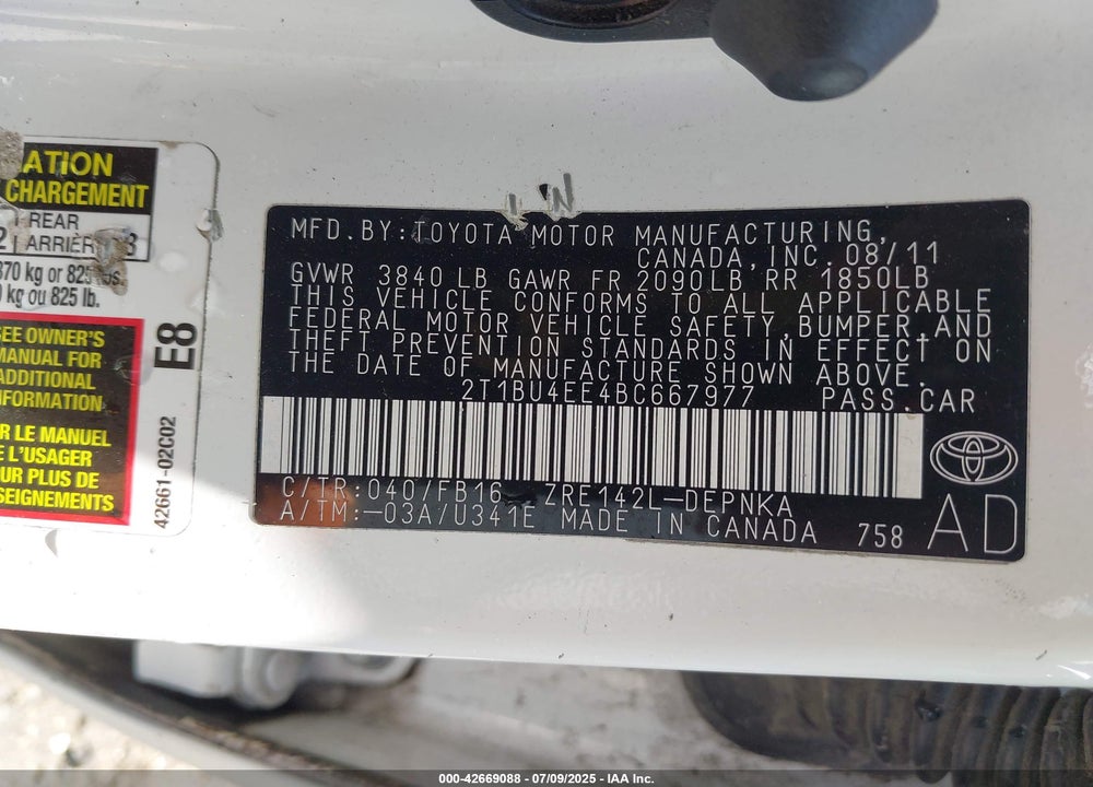 2011 TOYOTA COROLLA VIN: 2T1BU4EE4BC667977