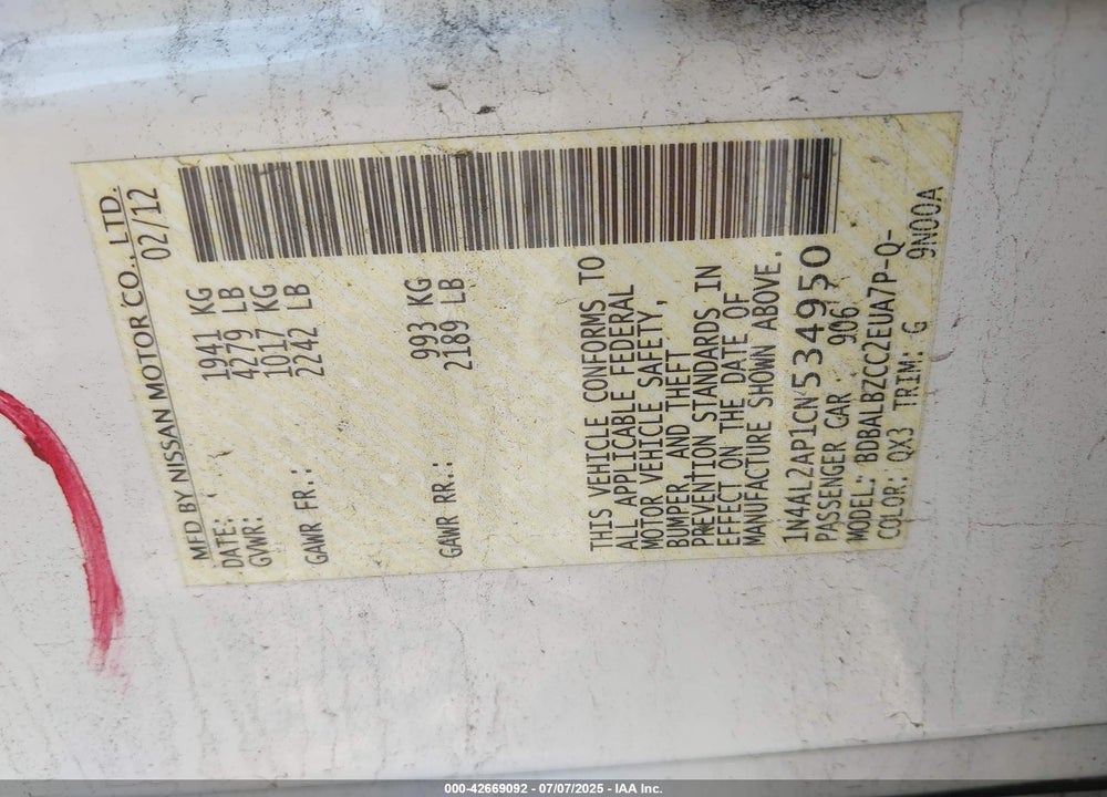 2012 NISSAN ALTIMA VIN: 1N4AL2AP1CN534950