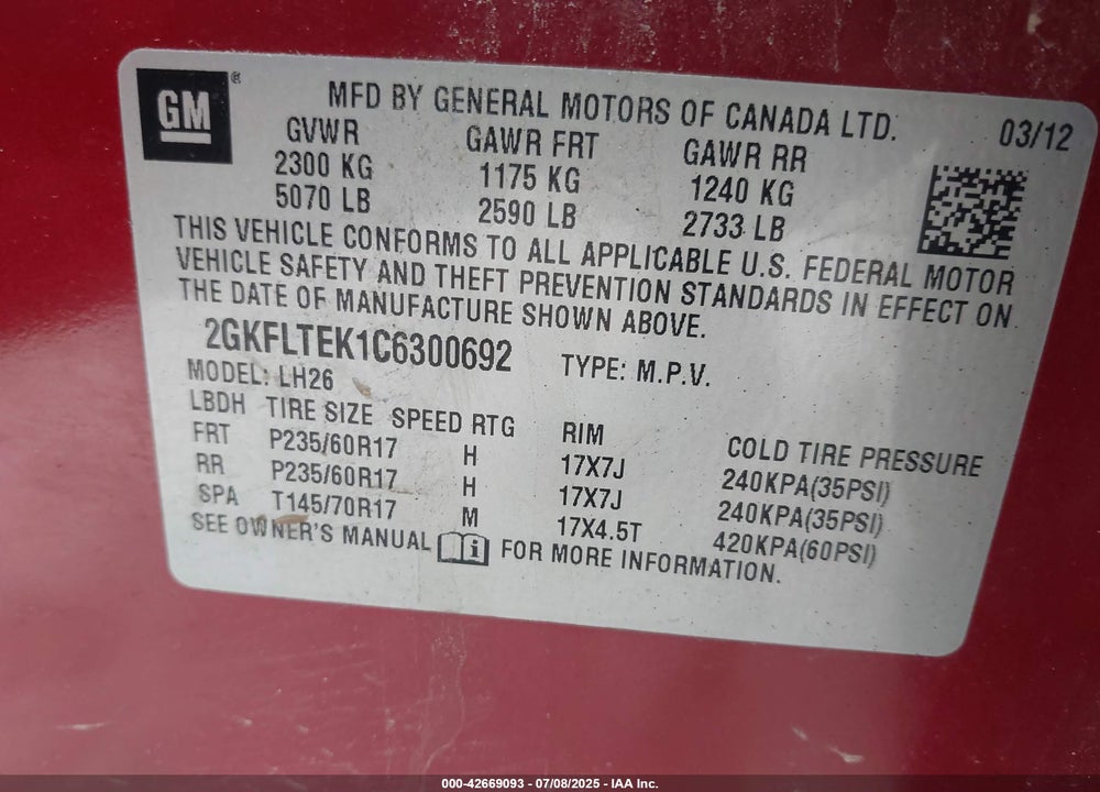 2012 GMC TERRAIN VIN: 2GKFLTEK1C6300692