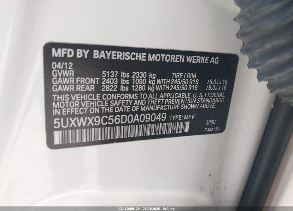 2013 BMW X3 VIN: 5UXWX9C56D0A09049