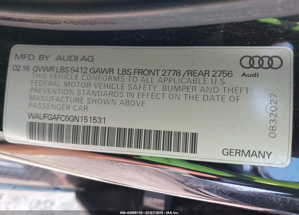2016 AUDI A6 VIN: WAUFGAFC6GN151531