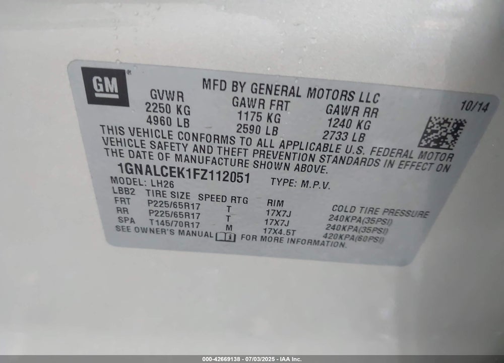 2015 CHEVROLET EQUINOX VIN: 1GNALCEK1FZ112051