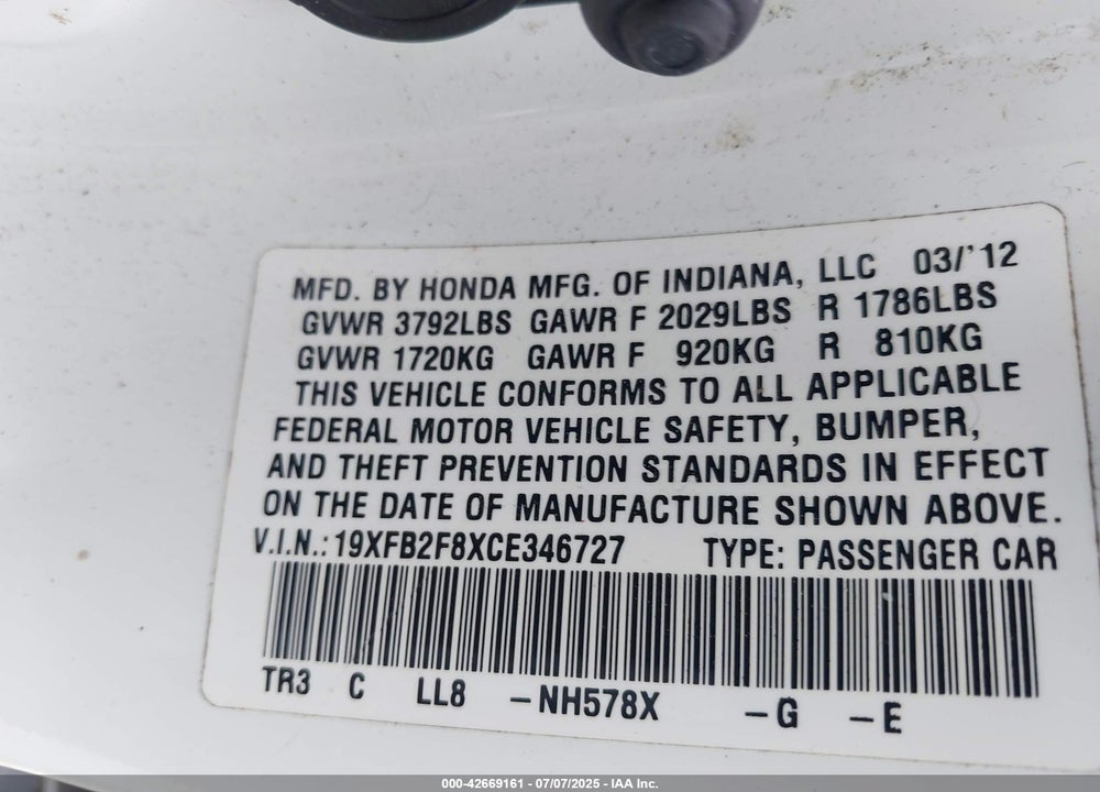 2012 HONDA CIVIC VIN: 19XFB2F8XCE346727