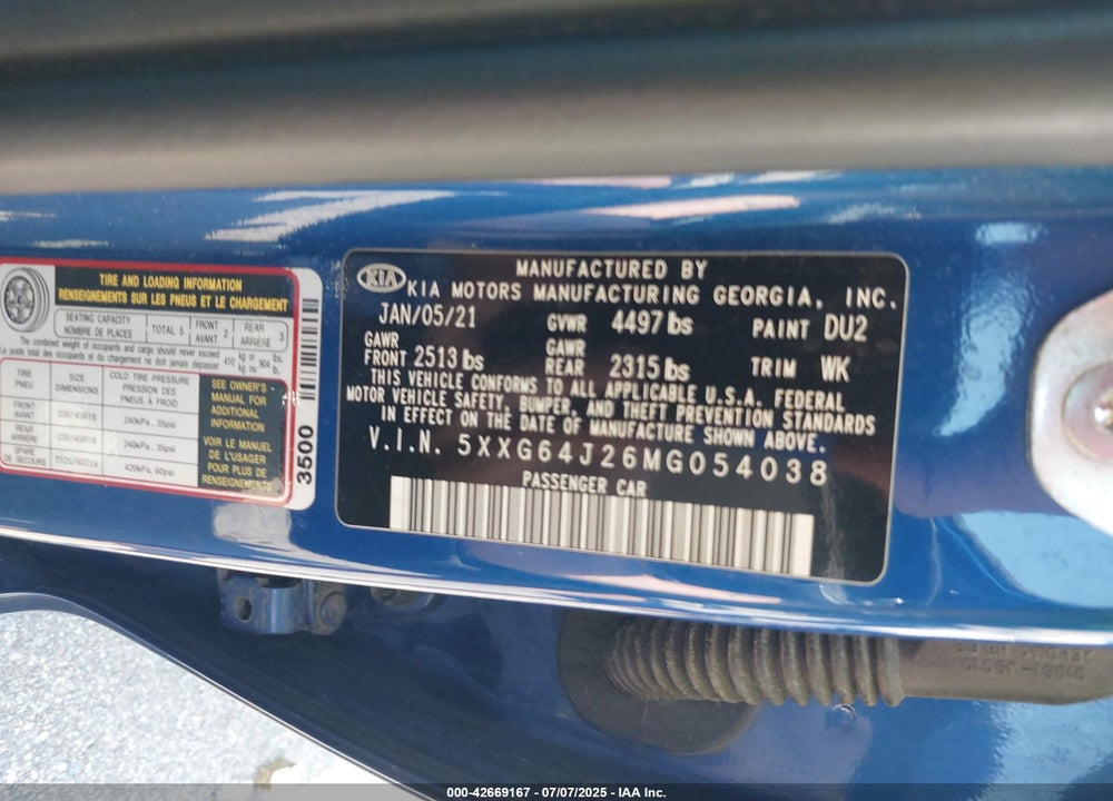 2021 KIA K5 VIN: 5XXG64J26MG054038
