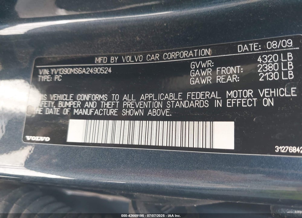2010 VOLVO S40 VIN: YV1390MS6A2490524