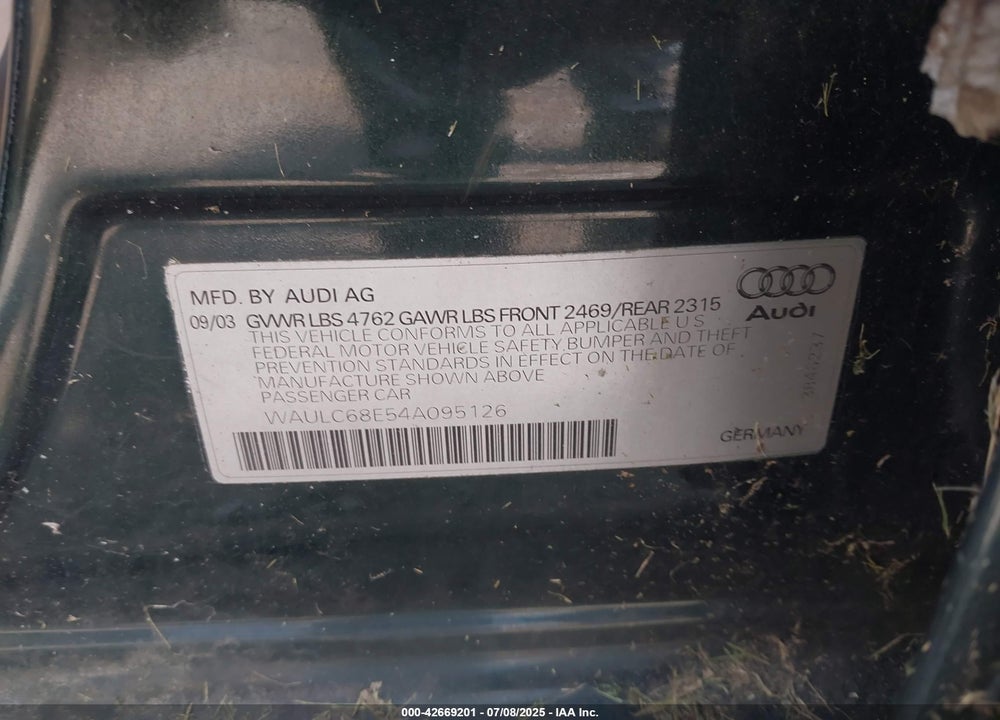 2004 AUDI A4 1.8T VIN: WAULC68E54A095126