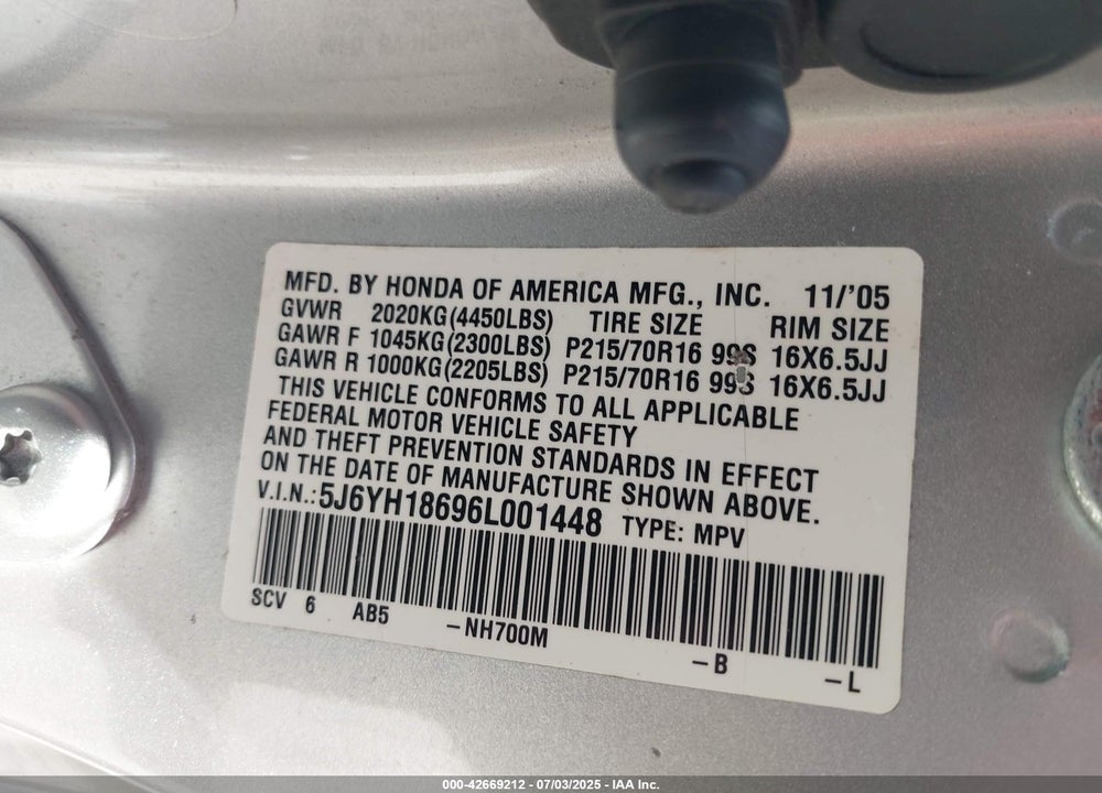 2006 HONDA ELEMENT EX VIN: 5J6YH18696L001448