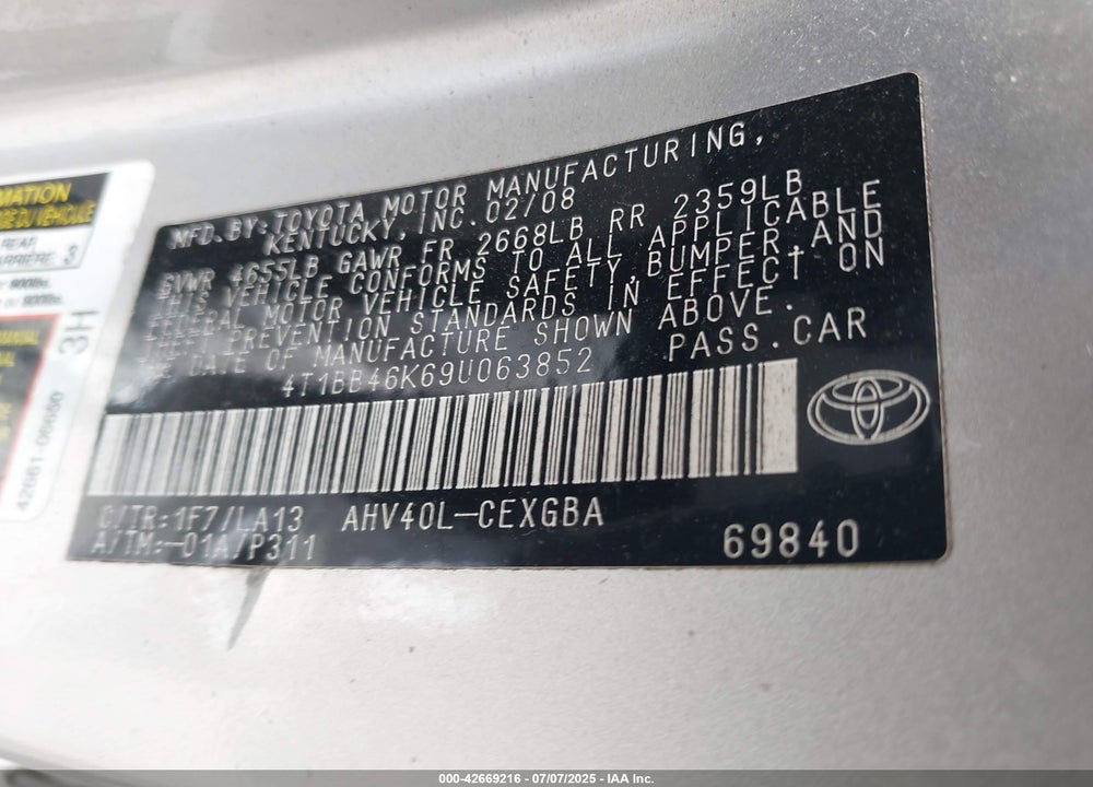 2009 TOYOTA CAMRY HYBRID VIN: 4T1BB46K69U063852