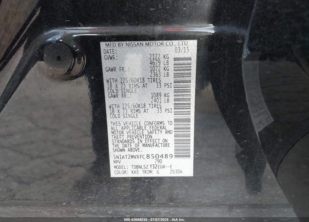 2015 NISSAN ROGUE VIN: 5N1AT2MVXFC850489
