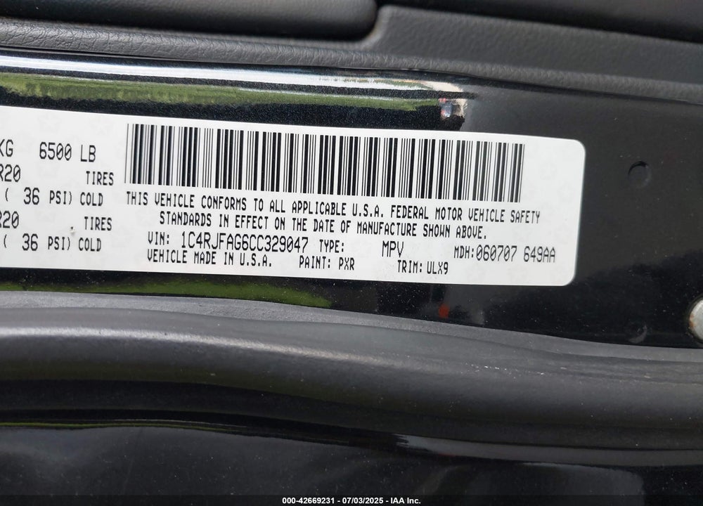 2012 JEEP GRAND CHEROKEE VIN: 1C4RJFAG6CC329047