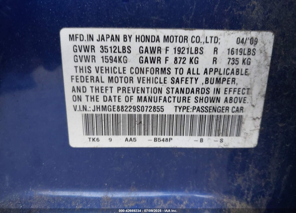 2009 HONDA FIT VIN: JHMGE88229S072855