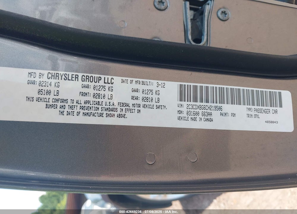 2012 DODGE CHARGER SE VIN: 2C3CDXBG6CH219506