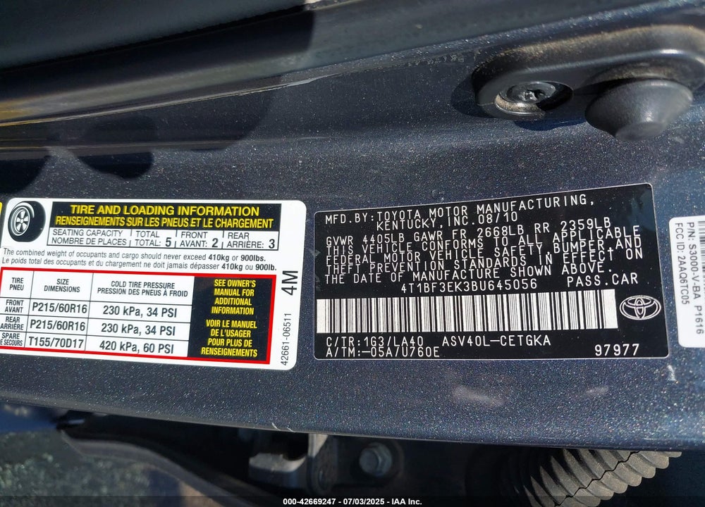 2011 TOYOTA CAMRY XLE VIN: 4T1BF3EK3BU645056