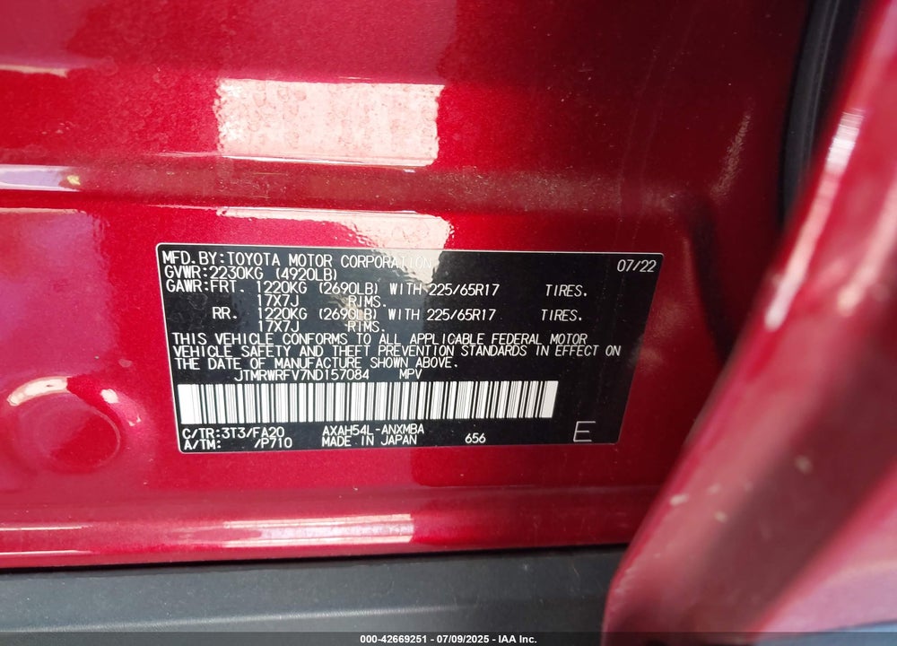 2022 TOYOTA RAV4 HYBRID VIN: JTMRWRFV7ND157084