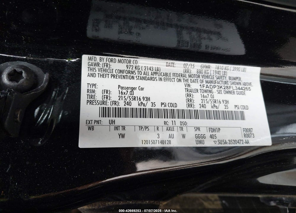2015 FORD FOCUS SE VIN: 1FADP3K28FL344265