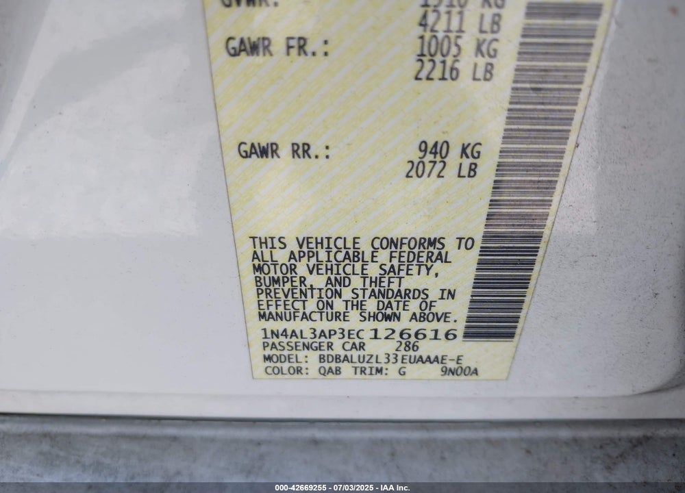 2014 NISSAN ALTIMA VIN: 1N4AL3AP3EC126616