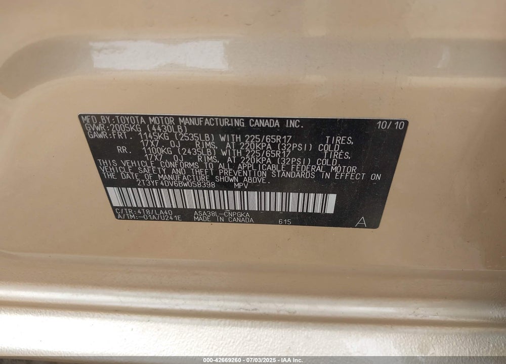 2011 TOYOTA RAV4 VIN: 2T3YF4DV6BW058398