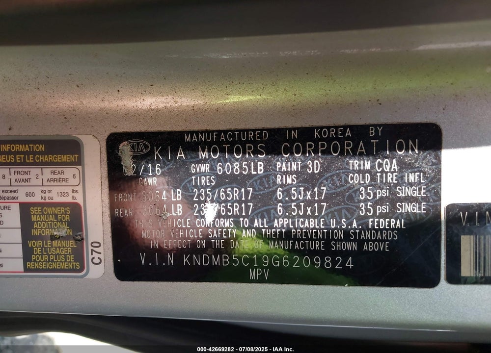 2016 KIA SEDONA VIN: KNDMB5C19G6209824