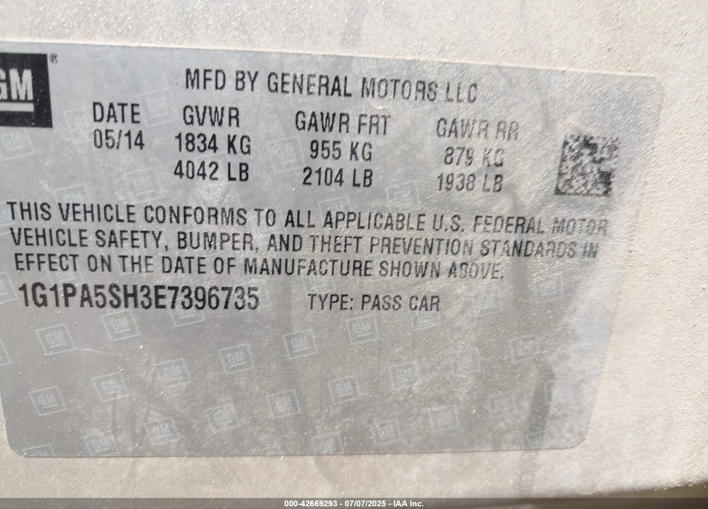 2014 CHEVROLET CRUZE VIN: 1G1PA5SH3E7396735