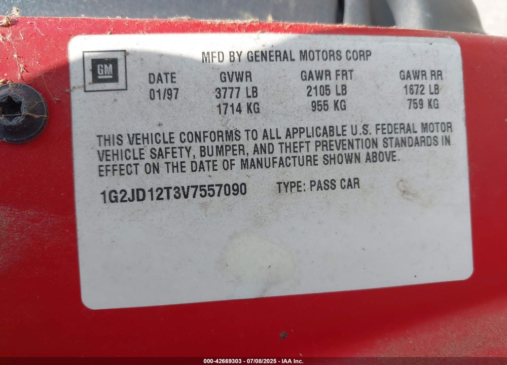 1997 PONTIAC SUNFIRE GT VIN: 1G2JD12T3V7557090